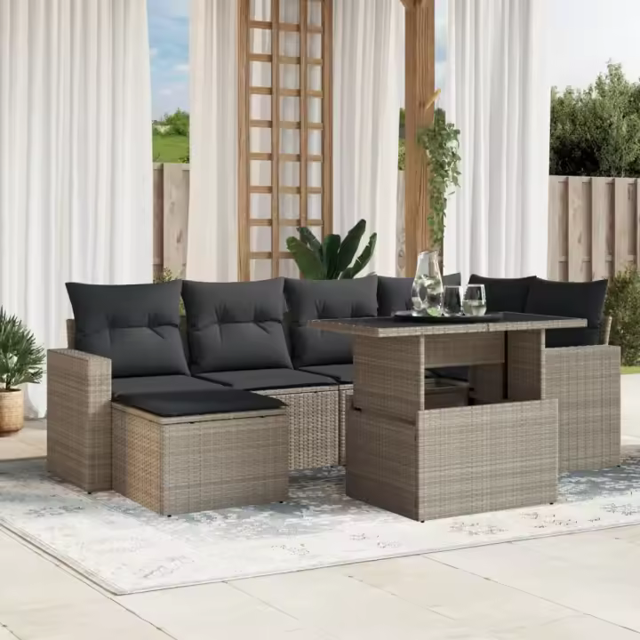 vidaXL Set de sofás de jardín 7 pzas con cojines ratán PE gris claro - 1