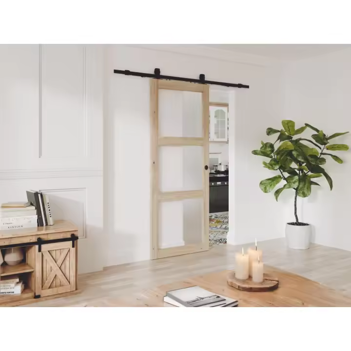 Vente-unique - Puerta corredera vista con 3 ventanas - Alt. 205 x Ancho 73 cm - madera natural - Vidrio templado esmerilado - ACOSTA II - 1