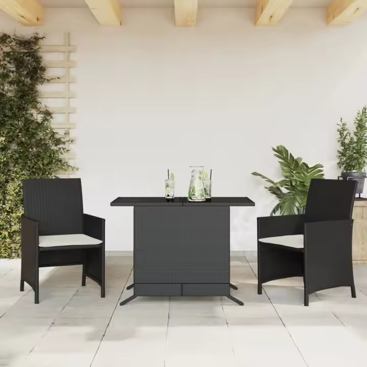 vidaXL Mesita y sillas con cojines 3 piezas ratán sintético negro en color Negro y crema/Beige mezcla/Gris claro y más | cómodas modernas ergonómicas para comedor cocina salón hogar - 1
