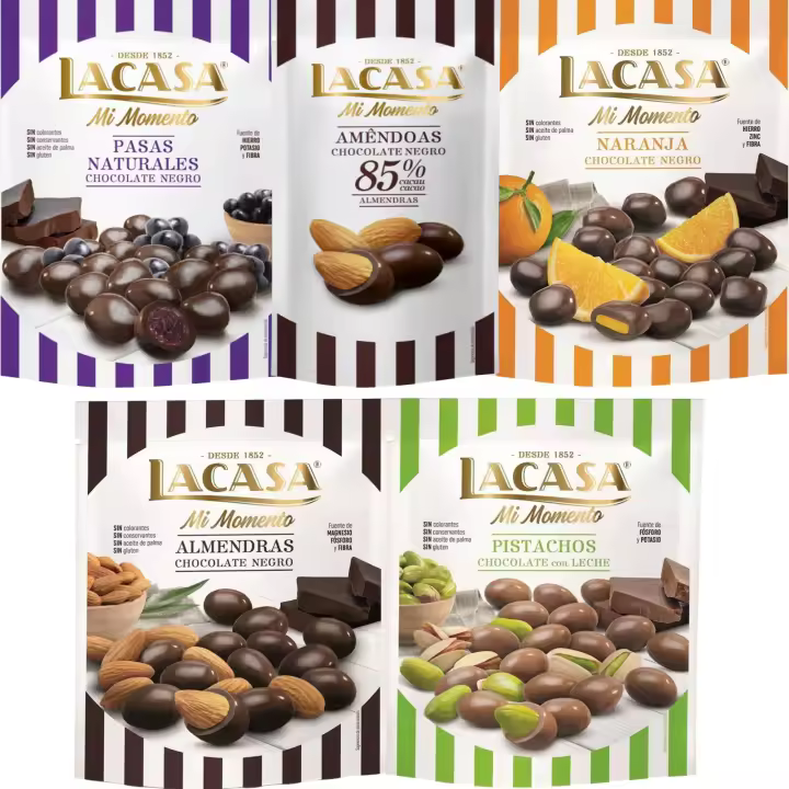 Lacasa Mi Momento pack de 5:Almendra 85% 65G,Pasas choco Negro 150G,Almendra choco Negro 125G,Naranja choco Negro 125G,Pistacho Leche 100G - 1