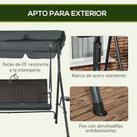 Outsunny Columpio de Jardín de 3 Plazas Banco Balancín para Exterior con Toldo Ajustable Asiento de Ratán 2 Portavasos 2 Bandejas y Marco de Acero para Terraza Patio 204x112x150 cm Gris - details 5
