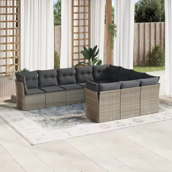 vidaXL Set de sofás de jardín 10 pzas con cojines ratán sintético gris - 1