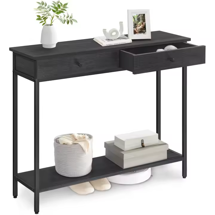 VASAGLE Mesa de Consola, Mesa de Entrada, Mesa de Sofá con 2 Cajones, Marco de Acero, Estable, para Pasillo, Dormitorio, Salón, Estilo Industrial, Gris Carbón y Negro Tinta/Marrón Camello y Negro Tinta - 1