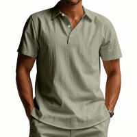 Camisa POLO de manga corta con solapa y botones, informal, de lino, transpirable, estilo británico, de verano para hombre - details 42