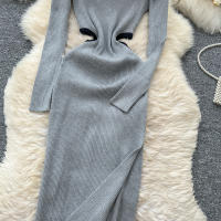 Vestido De Punto Para Mujer REALEFT Otoño Invierno Con Abertura Lateral Y Cuello Redondo Manga Larga Solido Vestido Recto De Oficina - details 17