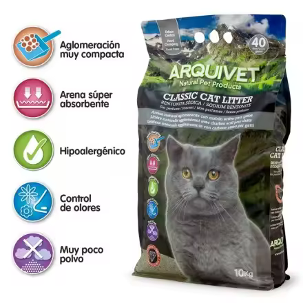 Arena para gatos 100% natural aglomerante con carbón activo classic cat litter  - - Producto premium 10kg Arquivet - 1