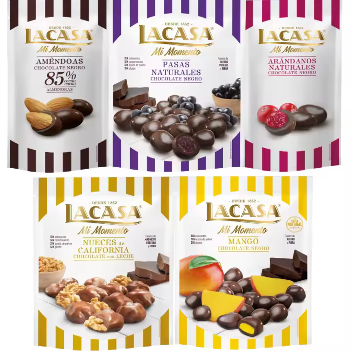 Lacasa Mi Momento pack de 5:Arándano choco Negro 60G,Almendra 85% 65G,Nueces Leche 115G,Pasas choco Negro 150G,Mango choco Negro 115G - 1