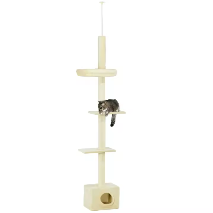 PawHut Árbol para gatos de altura ajustable de 230 a 260 cm, torre de juego para gatos, poste rascador con 4 niveles de actividad y nido de felpa en color beige - 1