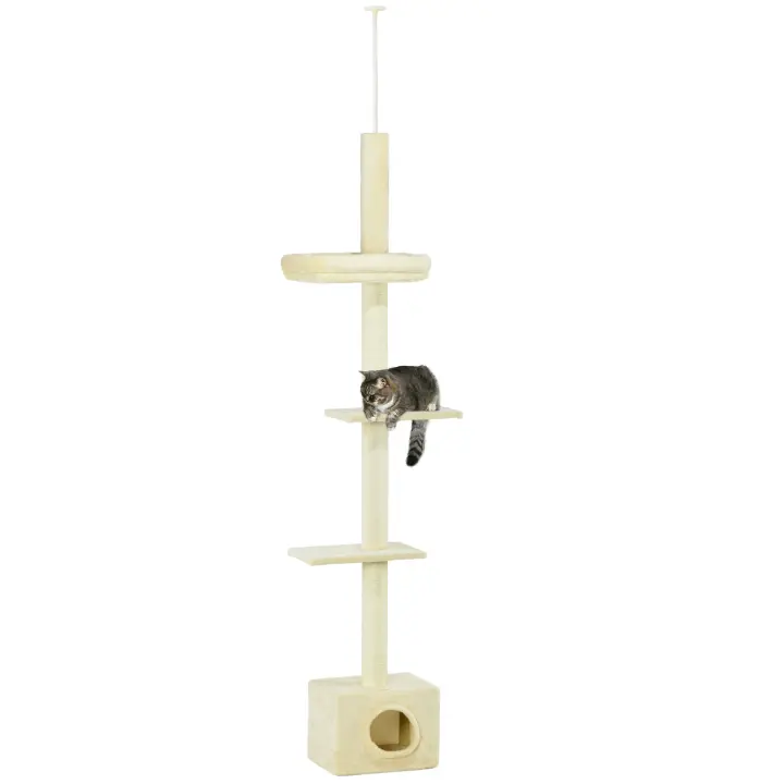 PawHut Árbol para gatos de altura ajustable de 230 a 260 cm, torre de juego para gatos, poste rascador con 4 niveles de actividad y nido de felpa en color beige - 1