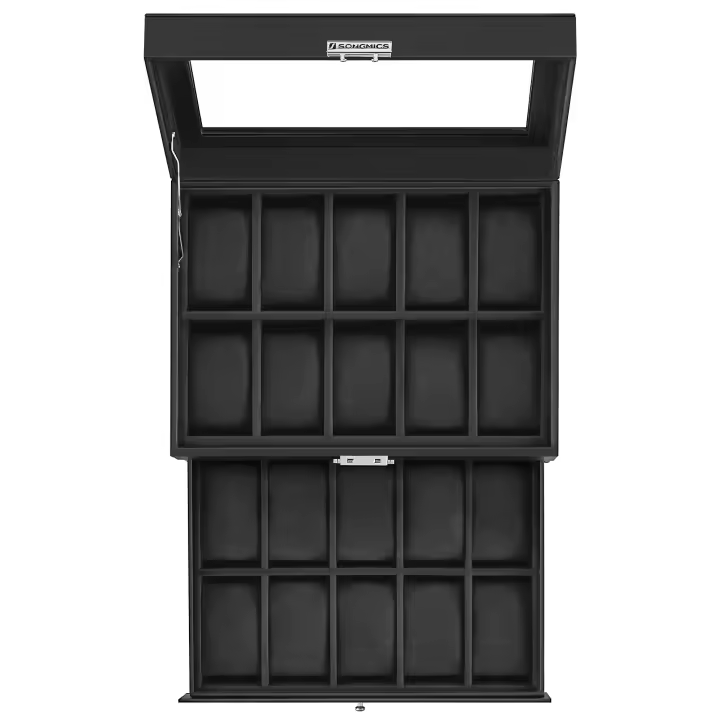 SONGMICS Caja de Relojes, Estuche de Relojes con Tapa de Cristal de 2 Niveles, con Cerradura, 1 Cajón, para Anillos, Pulseras, Regalo Ideal, Cuero Sintético Negro y Forro Gris/ Cuero Sintético Negro y Forro Negro/Cuero Sintético Negro y Forro Rojo Vino - 1