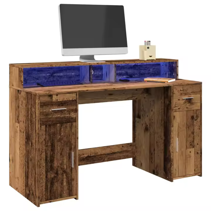 vidaXL Escritorio con LED madera ingeniería envejecida 140x55x91 cm en color Madera antigua/Roble Sonoma/Gris hormigón y más | estructura resistente ideal para salón dormitorio o estudio - 1
