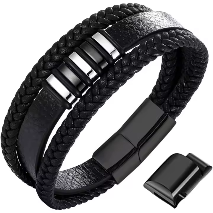 Pulsera de cuero - Pulsera pulsera Clásica hecha a mano con Cierre magnético - Pulsera de cuero genuine multicapa ajustable para helbres en negro-G - 1