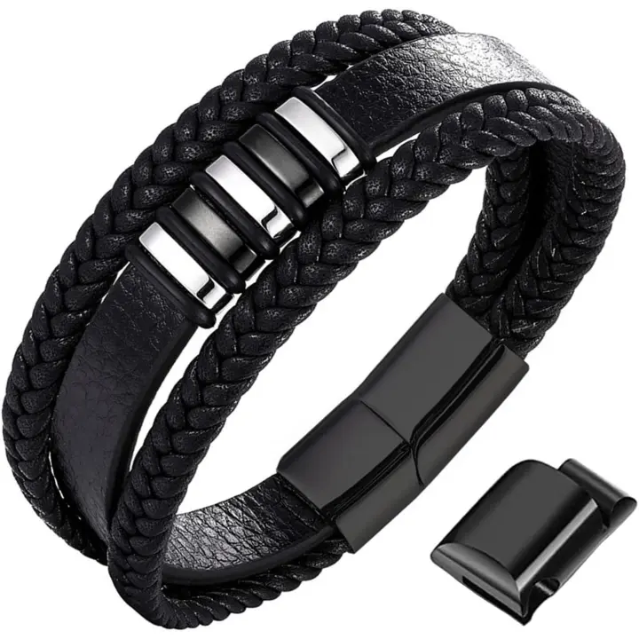 Pulsera de cuero - Pulsera pulsera Clásica hecha a mano con Cierre magnético - Pulsera de cuero genuine multicapa ajustable para helbres en negro-G - 1
