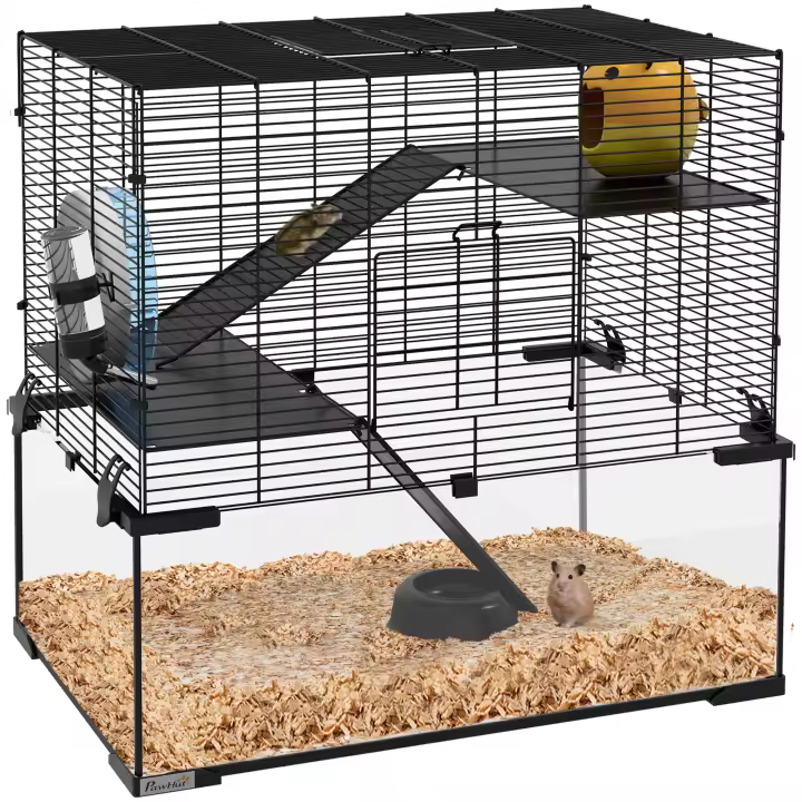 PawHut Jaula para Hámster Casa para Animales Pequeños con Fondo de Vidrio Plataformas Cuenco Bebedero Casita Rampas y Rueda de Ejercicio 60x40x54,5 cm Negro - 1