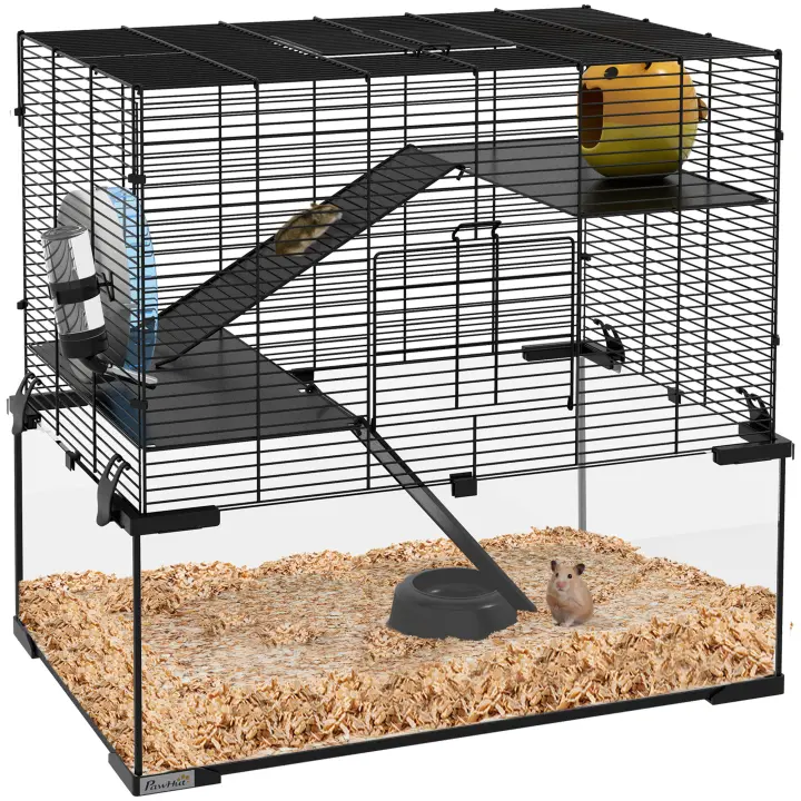 PawHut Jaula para Hámster Casa para Animales Pequeños con Fondo de Vidrio Plataformas Cuenco Bebedero Casita Rampas y Rueda de Ejercicio 60x40x54,5 cm Negro - 1