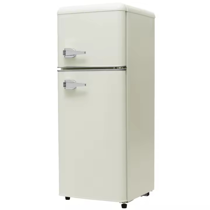 Vintage Nevera. Refrigerador refrigerado, 105,5 cm alto terreno, 41 cm anchura, doules, volumen total 92 litros, volumen freezador 28 litros. Estantes en la puerta y los estantes de cristal. 116 kWh/año, -27 °C ~ 13 °C, Luz LED. - 1