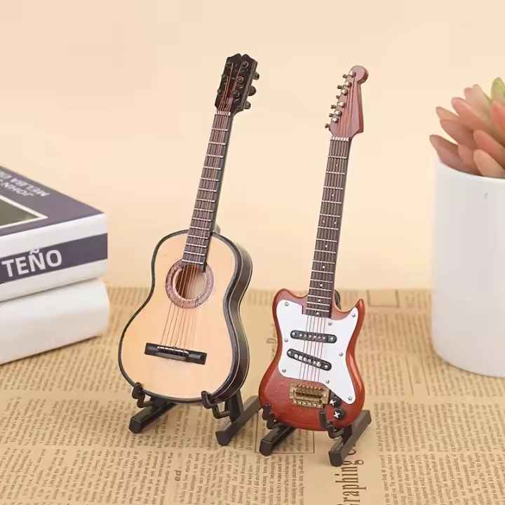 Guitarra Electrónica De Madera Para Muñecas De 1:6 Con Soporte Miniatura De Instrumento Toy Modelo Para Juegos De Figuras - 1