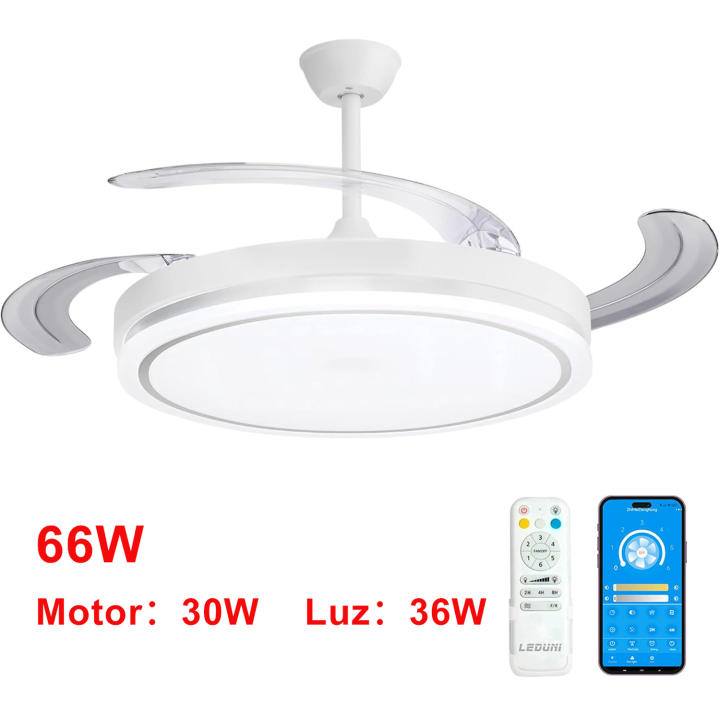 Ventilador Retráctil con Iluminación LED 3CCT 30W Motor DC, 36W Luz, Motor Silencioso DC130, 6 Velocidades, Blanco… — oferta en Miravia