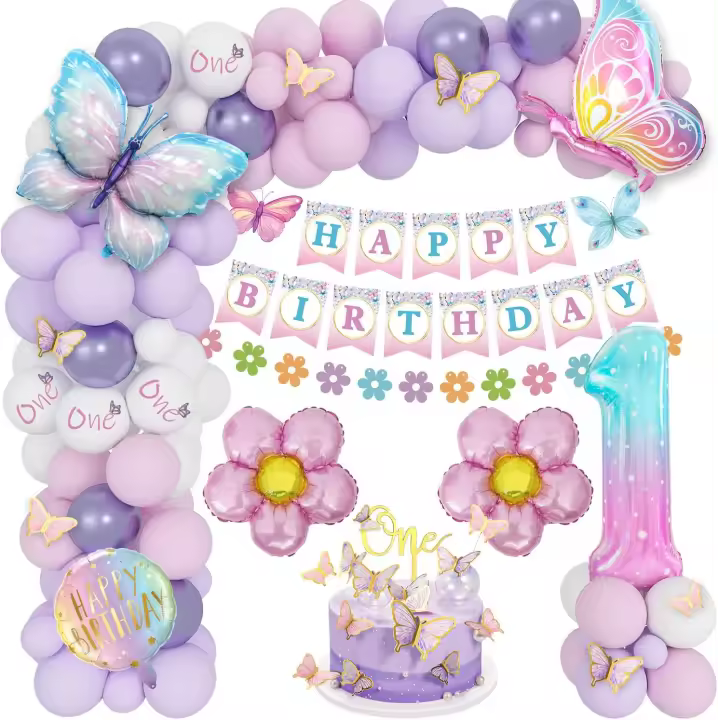 Decoration Anniversaire 1 an, Ballons d'anniversaire Roses Et Violets, Set de Ballons Papillon, Bannière d'anniversaire, Ballon Numéro 1, Autocollants Papillon - 1