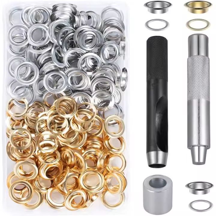 203PCs Estuche de lápices Ojales de metal Costura de ojales Kit de ojales de metal de 12mm Ojal Herramientas de reparación de ojales para tienda Lona Bolsa de lona de cuero Cortina de ropa DIY-Oro plata - 1