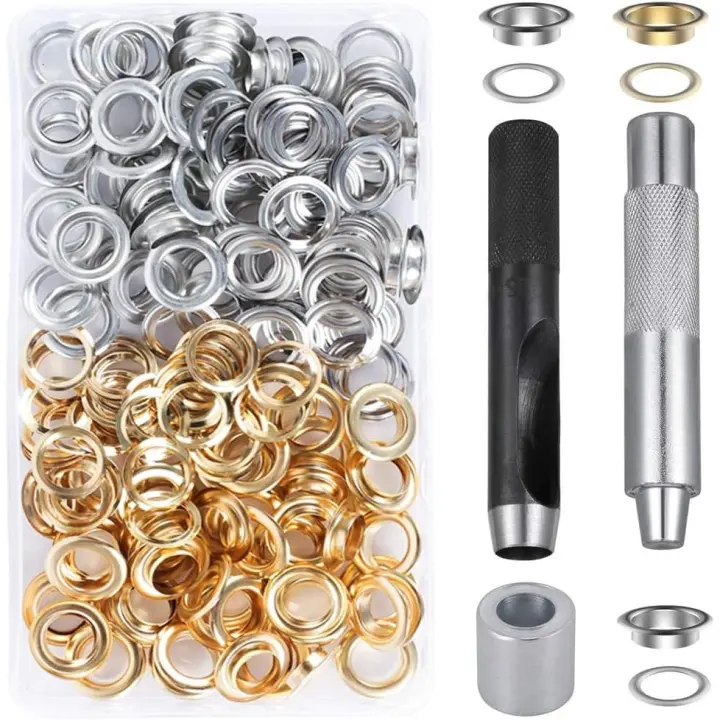 203PCs Estuche de lápices Ojales de metal Costura de ojales Kit de ojales de metal de 12mm Ojal Herramientas de reparación de ojales para tienda Lona Bolsa de lona de cuero Cortina de ropa DIY-Oro plata - 1