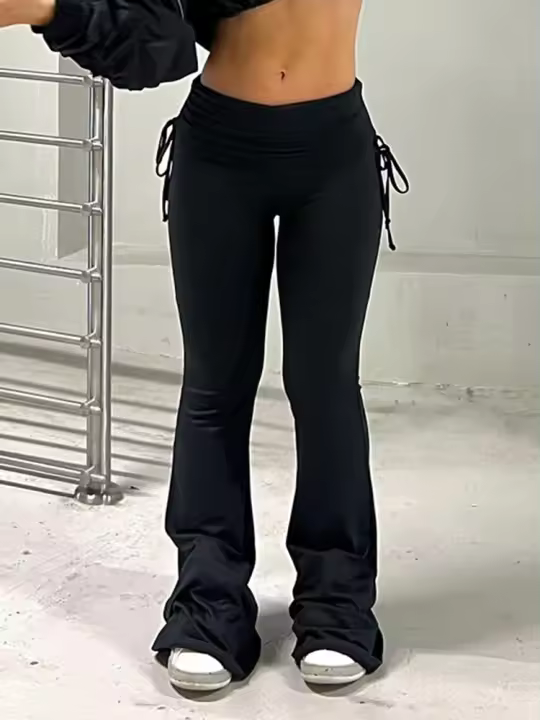 Rockmore Pantalones Con Cordón De Cintura Baja Para Mujer Estilo Y2K Ajustados Pierna Ancha Moda Harajuku Pantalones Flared Solids - 1