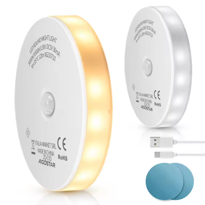 Aigostar 2 Piezas Luz Nocturna LED con Sensor de Movimiento, Luz Noche con 2 Temperaturas de Color, Luz Armario USB Recargable con Tira Magnética Adhesiva para Dormitorio, Pasillo, Cocina, Escaleras - 1
