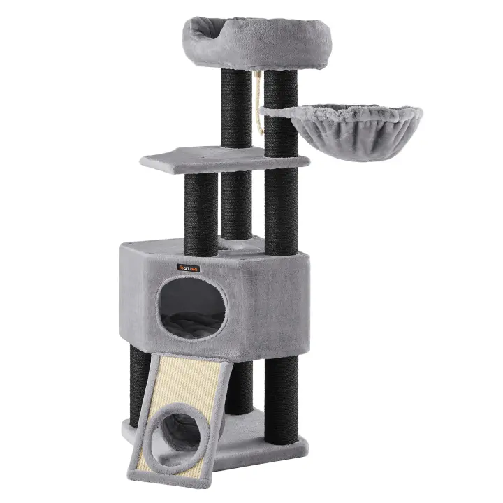 FEANDREA Árbol Grande para Gatos, Rascador para Gatos Tamaño M, Cueva, Hamaca, Plataforma de Felpa, Túnel, Columna de Cuerda de Sisal, Poste de Rascado, 50 x 50 x 141 cm, Gris Claro y Natural/Gris Claro y Negro - 1