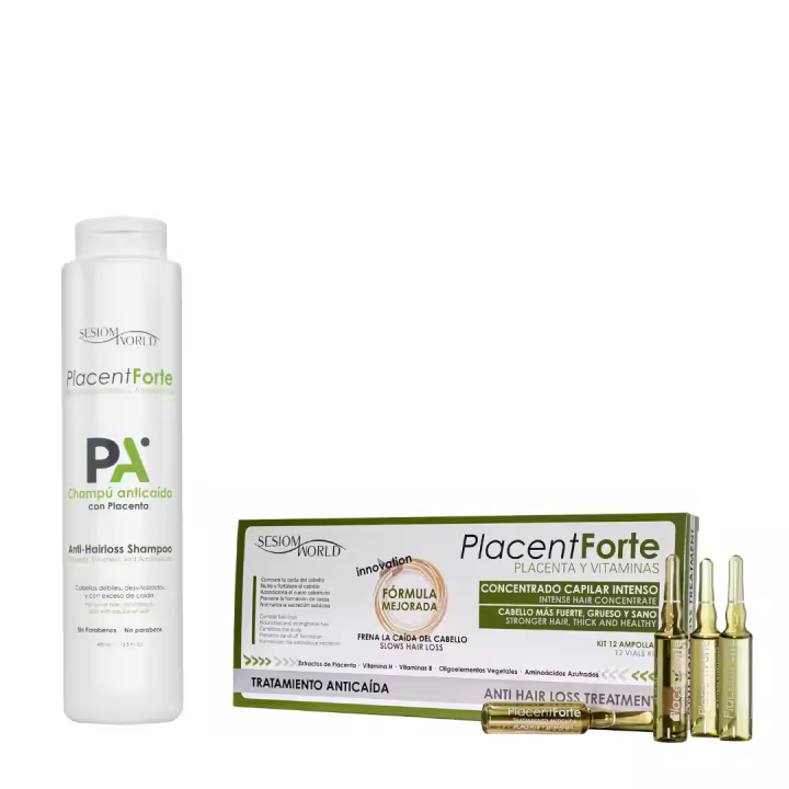 Sesiomworld - PACK Especial BASIC TRATAMIENTO ANTICAIDA PLACENT FORTE AMPOLLAS DE 12 UDSX10ML + CHAMPU TRATAMIENTO 400ML - Tratamiento Anticaída - Fortalece el Cabello - Previene la Caída - 1