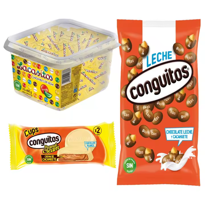 Pack Conguitos cups blanco 34g,leche bolsa 1kg,Lacasitos pack 3x200u - 1