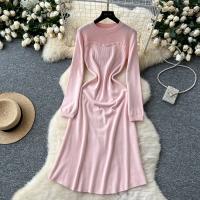 Vestido Rosa Francés De Estilo Simple Para Damas Con Cuello En V Manga Larga Sólido Suave Ajustado Casual De Otoño Vestido Largo De Hogar - details 16