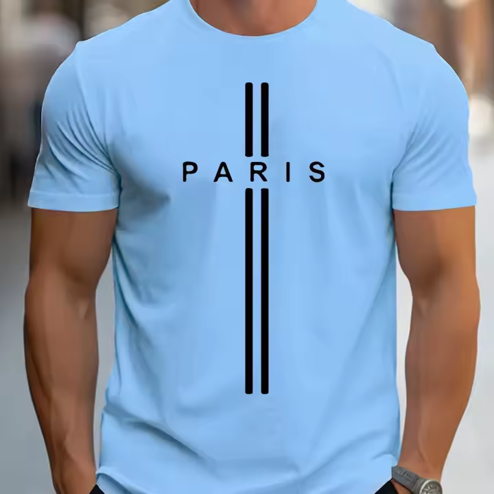 Camiseta De Algodón Puro 100% Para Hombre Estampado De París Ajuste Casual Holgado Veraniego Con Cuello Redondo Y Mangas Cortas - 1
