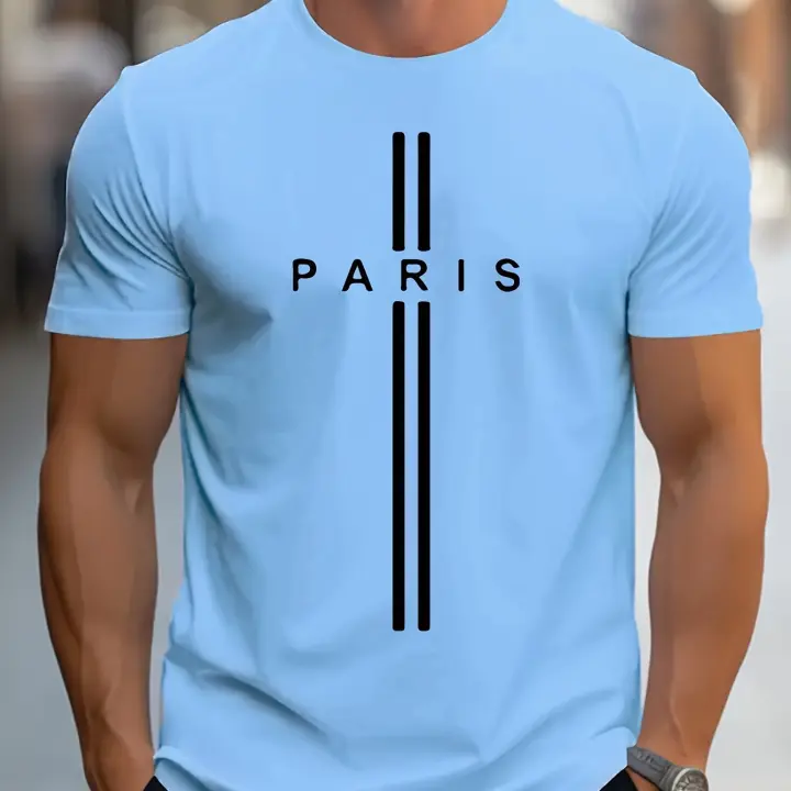 Camiseta De Algodón Puro 100% Para Hombre Estampado De París Ajuste Casual Holgado Veraniego Con Cuello Redondo Y Mangas Cortas - 1