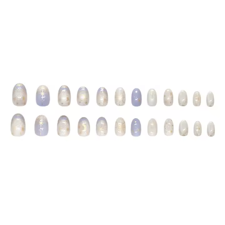 24PCS Uñas Postizas De Presión Con Diseño De Lunas Y Estrellas Glitter Francesa Uñas Cuadradas Cortas Azules Decoradas Con Adhesivo - 1