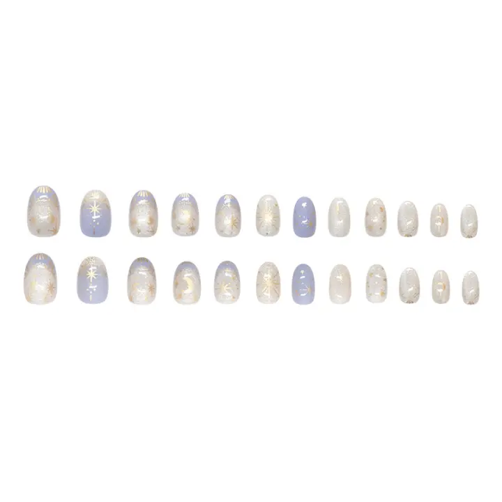 24PCS Uñas Postizas De Presión Con Diseño De Lunas Y Estrellas Glitter Francesa Uñas Cuadradas Cortas Azules Decoradas Con Adhesivo - 1