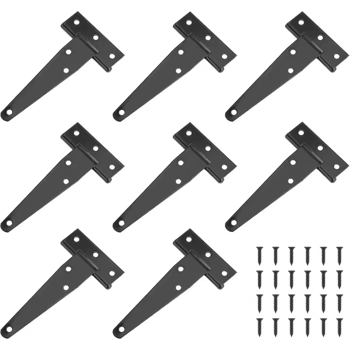 Bisagras de correa en T, 8 piezas, bisagra de correa en T de hierro resistente y resistente a la corrosión con 48 tornillos, herraje de bisagra para puerta de cobertizo rústico negro, 4 pulgadas - 1