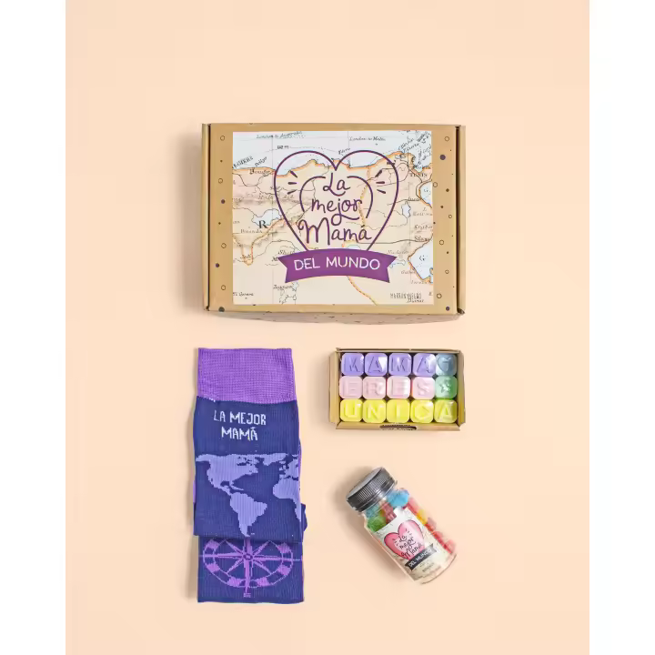 MARRONYNEGRO - Pack regalo Calcetines La Mejor Mamá Del Mundo - Incluye jabones y chuches - Especial para regalos del Día De Las Madres - 80% algodón - Mujer - Talla de calcetín - 1