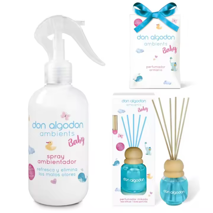 Ambientadores 360 - Pack 3 Ambientadores Don Algodón Baby | Mikado, Spray y Armario | Fragancia Suave para Bebé, Tejidos y Habitaciones | No Mancha, Absorbe Olores, Duración Larga - 1