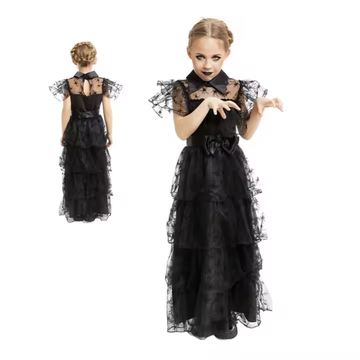 Festëën® Disfraz Miércoles Addams para Niña de Encaje Completo con Vestido negro y Cinturón  Talla 5-6, 7-9, 10-12, 13-15  Miércoles, Wednesday, Adams, Netfllix - Festëën® - 1
