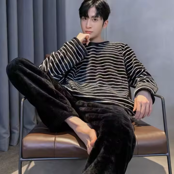 Pijama De Flannel Invierno Para Hombres Con Estampado De Rayas Y Mangas Largas Abrazadas Ropa De Dormir Casual Cómoda Talla Elástica - 1