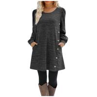 Vestido Casual Para Mujer De Color Sólido Con Botones Manga Larga Cuello Redondo A-Line Largo Hasta La Rodilla Fashion - details 1