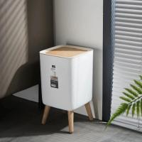 Bandeja De Basura Con Tapa Y Prensa Para Sala De Estar Baño Cocina Caja De Basura De Madera Imitada Con Pie Alto - details 3