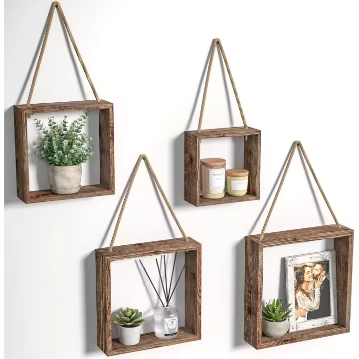 Estantes cuadrados flotantes colgantes de madera rústica para pared, con forma de cubo, para exhibición, decoración bohemia para sala de estar, dormitorio y oficina. Juego de 4 (marrón) - MK571B - 1