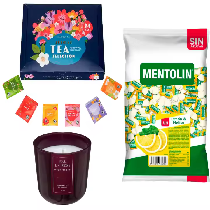Pack surtido: MENTOLIN LIMON MELISA S/A BOLSA 1KG + Vela perfumada rosa de silicona 170 g + Set de Te con 24 bolsitas con diferentes sabores y aromas - 1