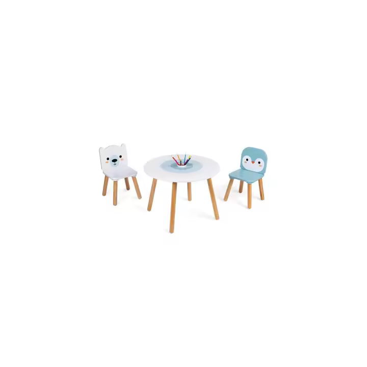 Mesa infantil redonda con portalápices extraible |Silla de oso polar y pingüino - Janod J09650 - 1