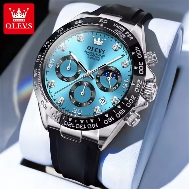 Reloj De Lujo Para Hombre OLEVS Cronógrafo Resistente Al Agua Luminoso Reloj Deportivo De Marca Top Con Fecha Y Fase De La Luna Material De Correa De Goma Y Caja De Acero Inoxidable - 1
