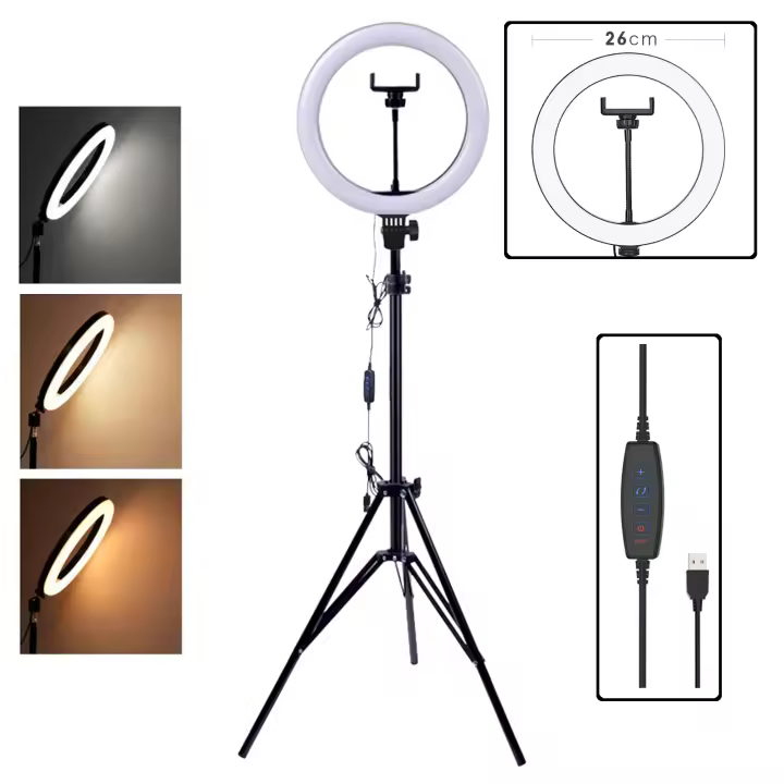 Trípode con Aro de Luz Led 26cm Ajustable Para Selfie Fotografía Maquillaje Streaming Youtube Tik Tok Anillo de luz con Soporte - 1