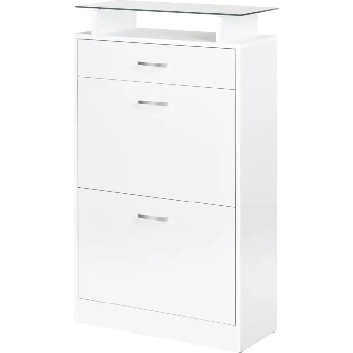 Mueble Zapatero Armario Zapatero con 3 Cajones Estante de Vidrio y Asa de Aluminio para Pasillo Entrada Carga 50 kg 60x24x105,5 cm Blanco - 1