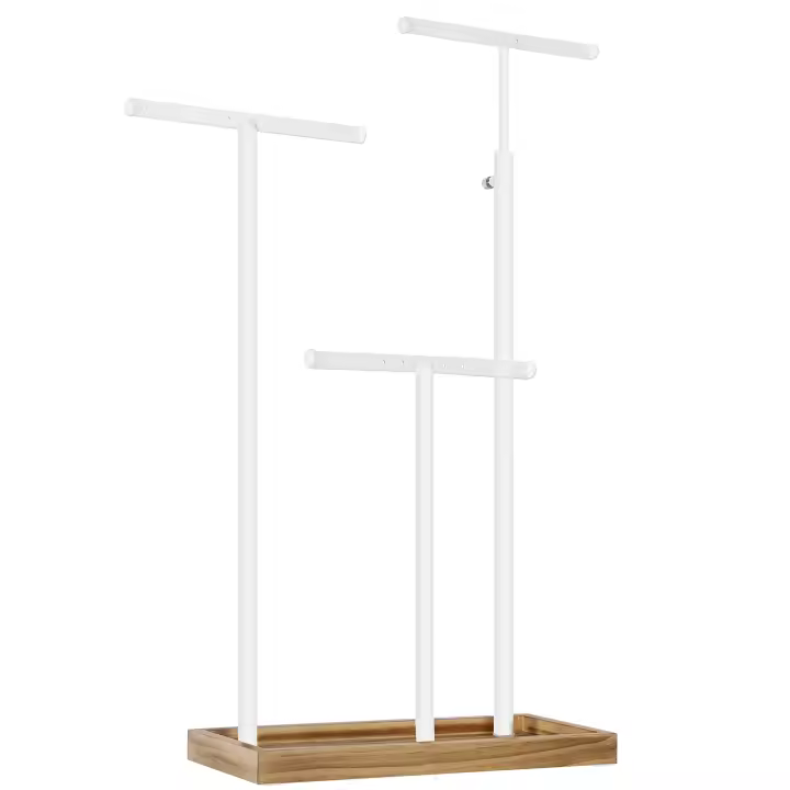 SONGMICS - Expositor de joyas 2 en 1, soporte para joyas con 3 barras de metal en T con agujeros, bandeja, altura ajustable, para collares, pulseras, pendientes, marrón rústico y blanco/marrón rústico y negro - 1