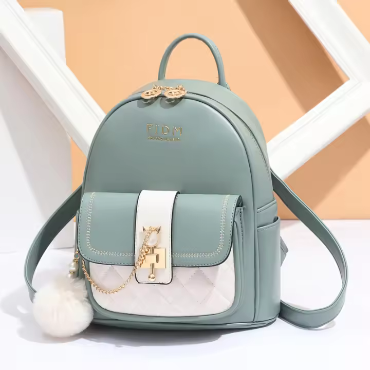Mochila Bolso Para Mujer Con Cierre De Cremallera Y Decoración De Pompón Interior Bolsa De Día De Cuero Sintético - 1